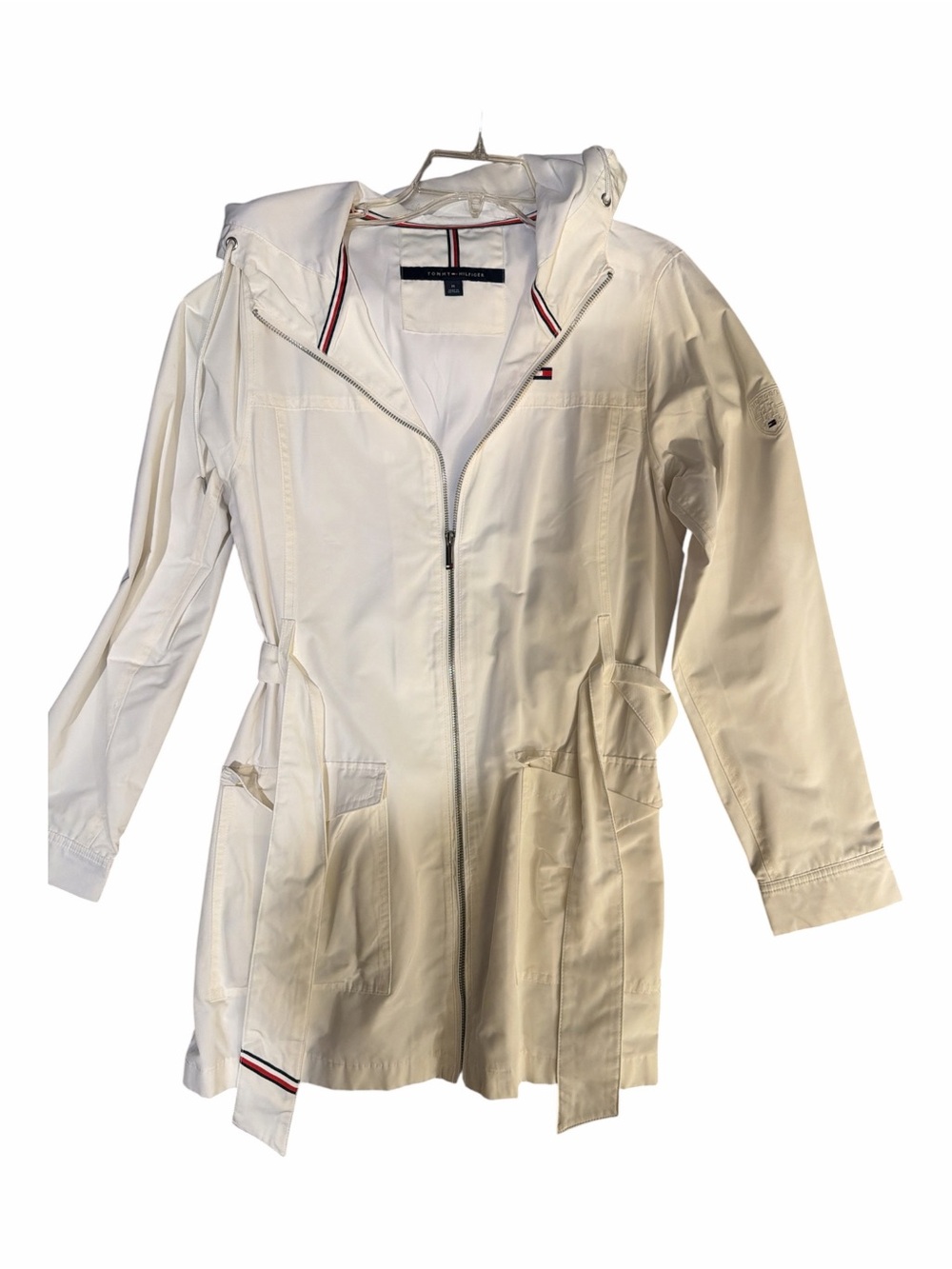 Tommy Hilfiger White Hooded Trench Coat with Signature Trim